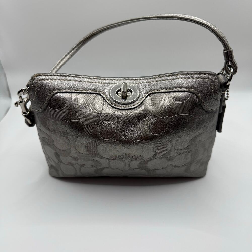 COACH Y2K Vintage Mini Shoulder Bag Turn Lock Metallic Silver Signature Leather